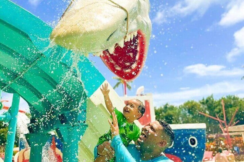 A person being sprayed with water from a large shark mouth. 5