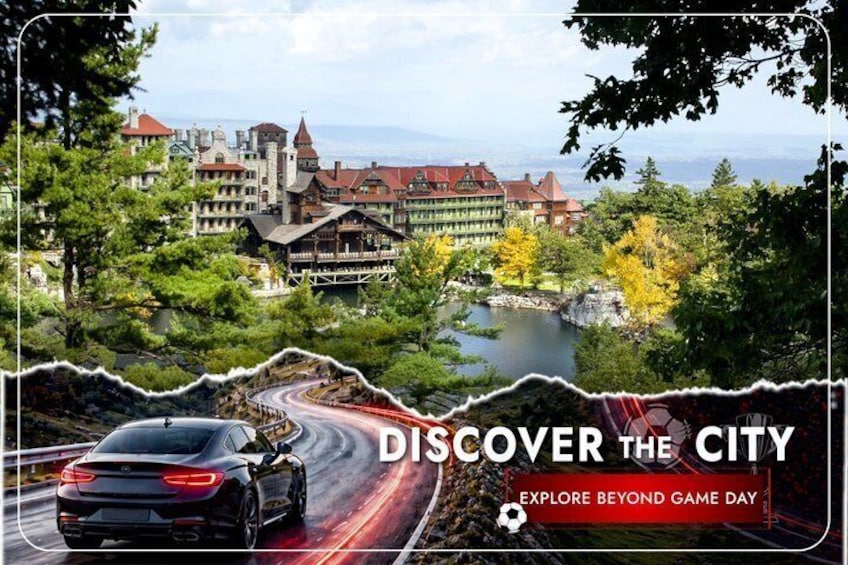 A scenic view of a city with a winding road, a car, and a body of water in the background. 2