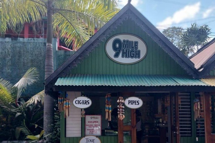 A building with a green roof and a sign that reads '9 MILE HIGH.' There are signs for 'CIGARS' and 'PIPES' on the front. 4