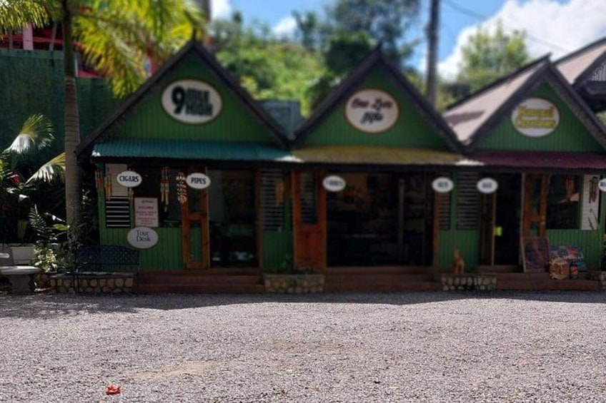A row of green-roofed buildings with signs for cigars, popsicles, and a tour desk. 5