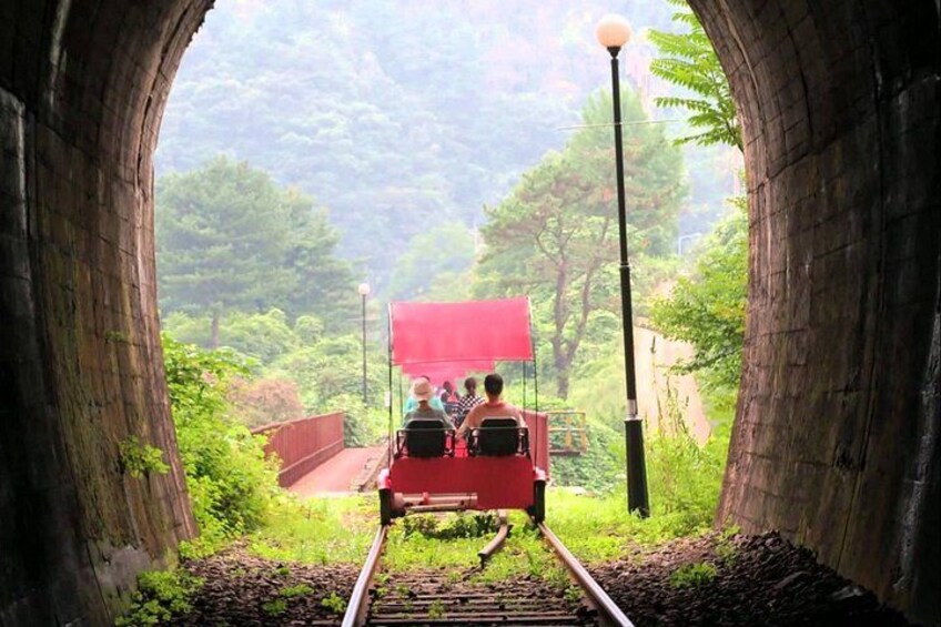 A train with passengers through a tunnel. 4