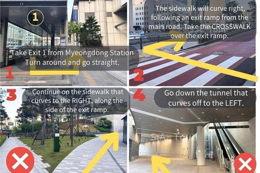 A pedestrian pathway with directional arrows and exit instructions. 2