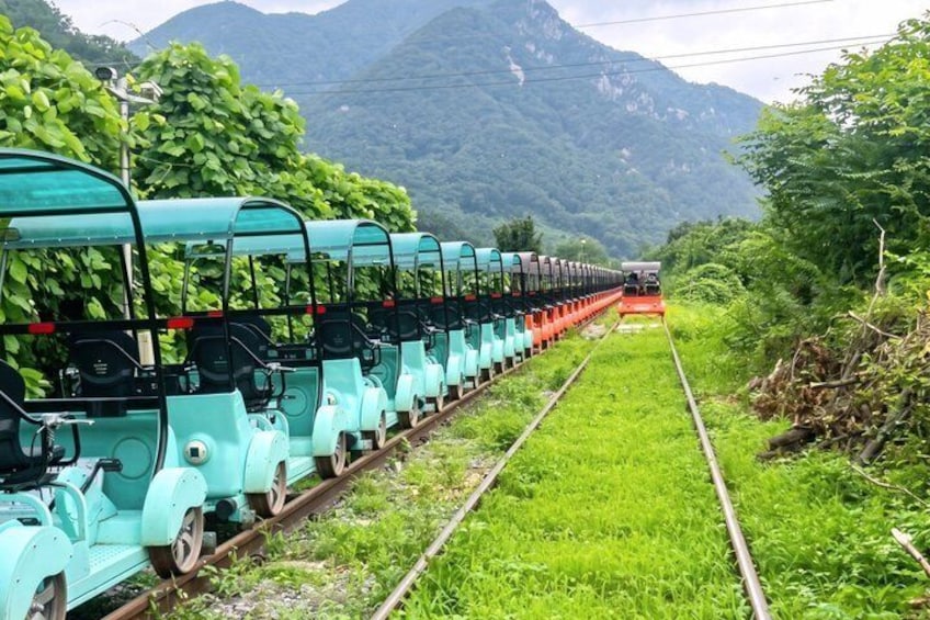 A train with turquoise carriages on tracks, surrounded by lush greenery and mountains in the background. 3