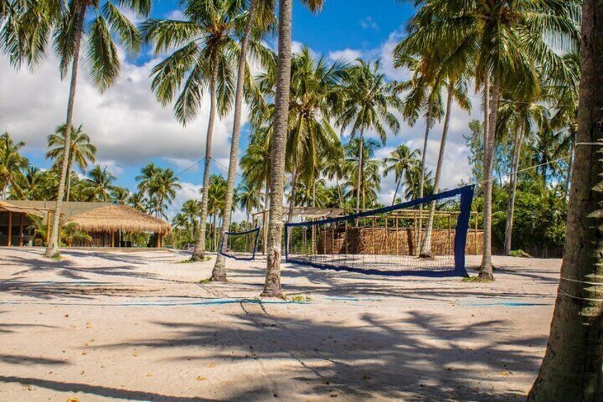 A beach volleyball court with palm trees and a thatched-roof structure in the background. 2