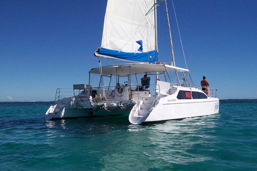 A white and blue catamaran sailing on turquoise water under a clear sky. 3