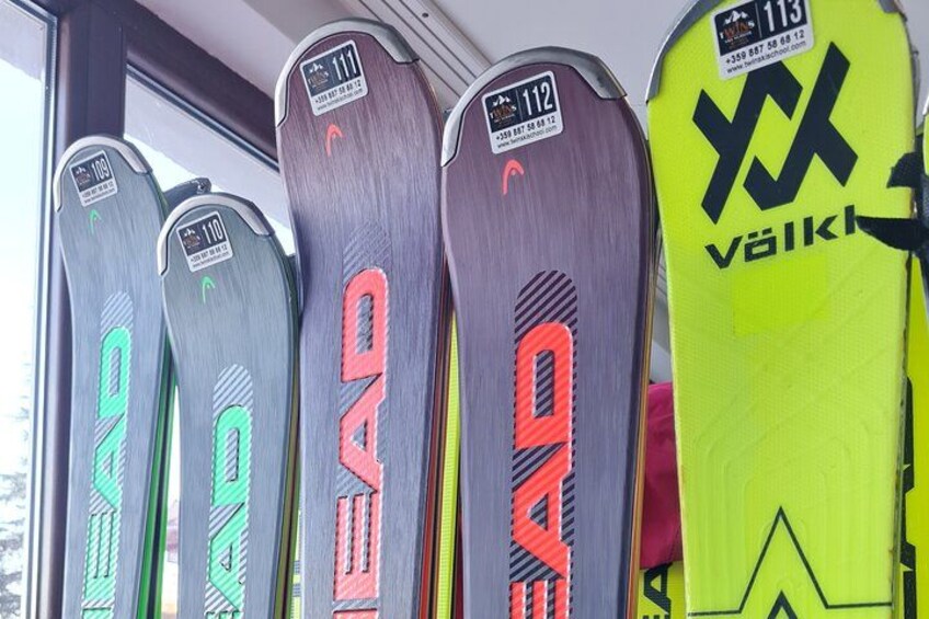 Skis with different colors and designs. 1