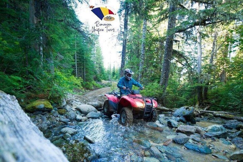 A person riding an ATV on a rocky path through a forest. 1