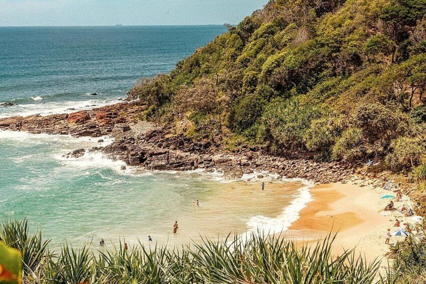 A coastal beach with clear turquoise water, sandy shore, and dense green vegetation on a hillside. 4