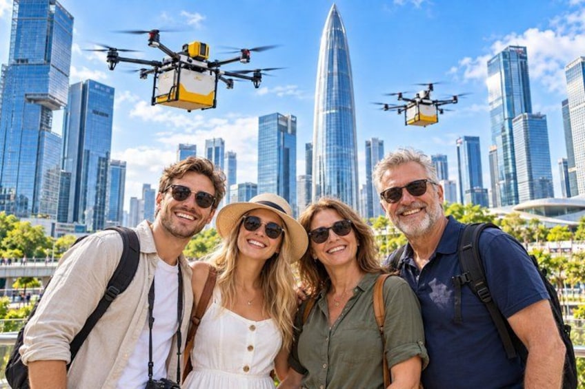 A group of people in front of a city skyline with tall buildings and drones flying in the sky. 1