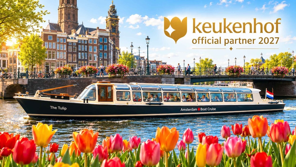 A boat named 'The Tulip' on Amsterdam canals, surrounded by tulips and historic buildings. 3