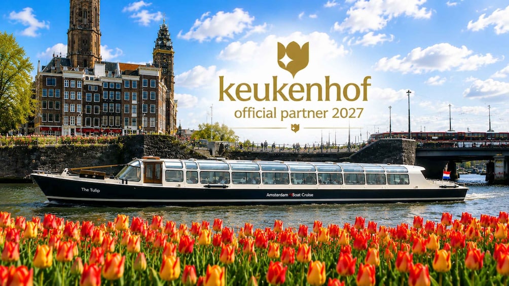 A boat named 'The Tulip' on Amsterdam canals, tulip fields, and historic buildings. 1