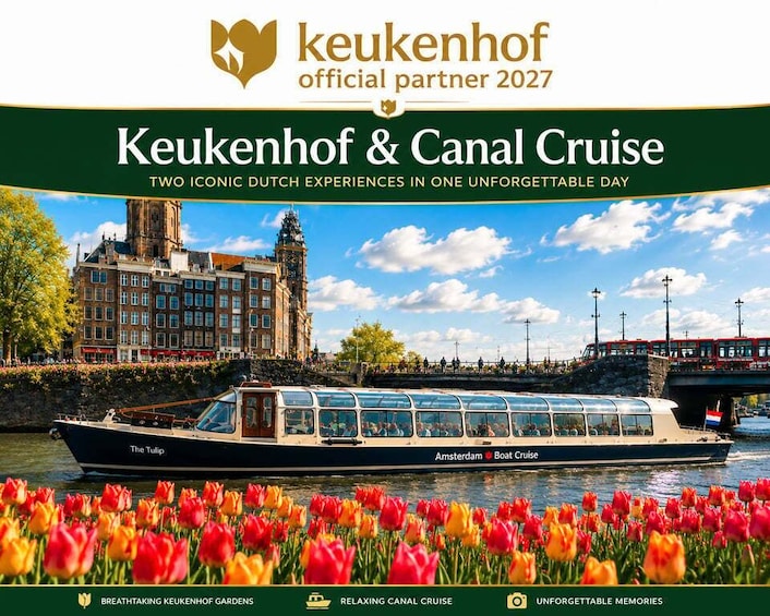 A canal boat named 'The Tulip' with 'Amsterdam Boat Cruise' written on it, a tulip field, and a historic building in the background. 2