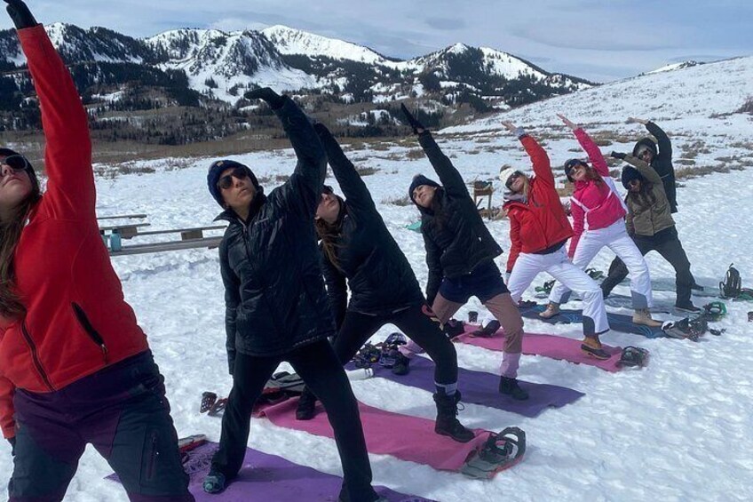 A group of people performing yoga on mats in a snowy outdoor setting with mountains in the background. 4