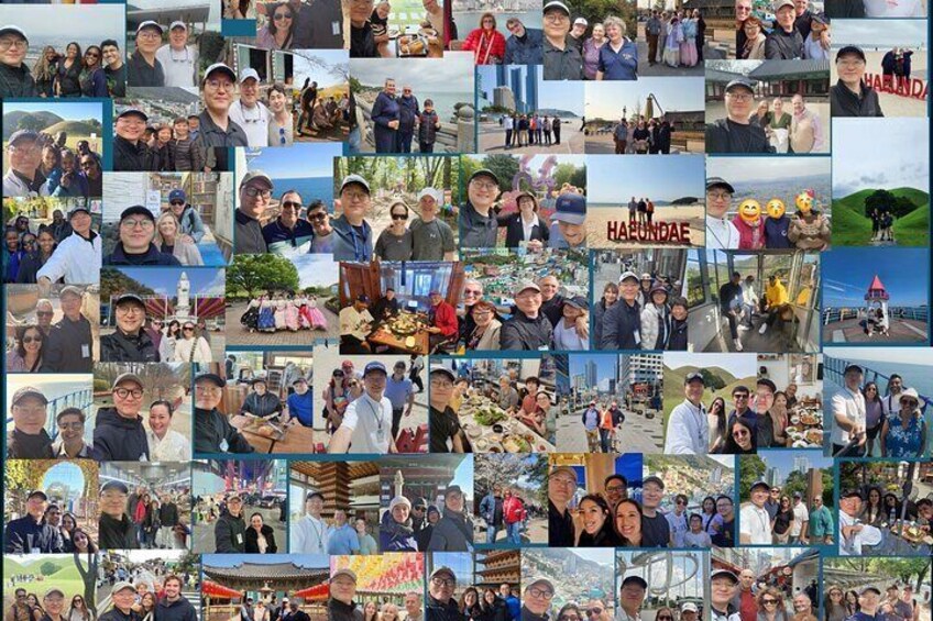 A collage of various outdoor scenes including groups of people, a lighthouse, a harbor, and a coastal landscape. 2