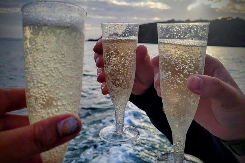 Zwei Personen halten Champagnergläser, im Hintergrund ein Gewässer und ein weiter Landstrich. 5