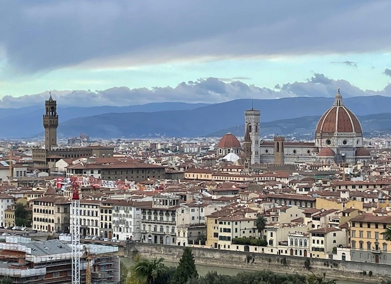 A cityscape with historic architecture, including domed buildings and a tower, under a cloudy sky. 1