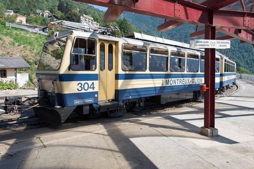 A train at a station with a mountainous backdrop. 4