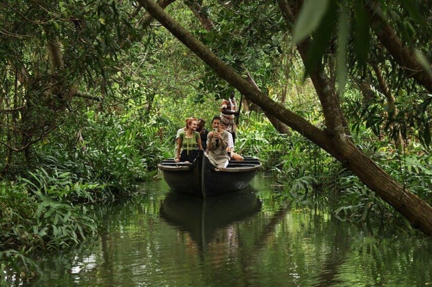 A boat with people on a river surrounded by dense greenery. 1