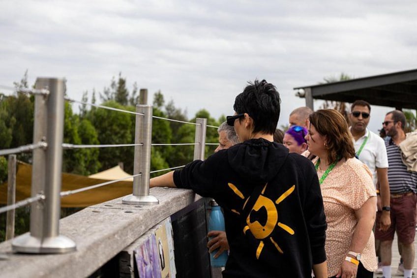 A group of people standing by a railing, overlooking a landscape with trees and a cloudy sky. 3