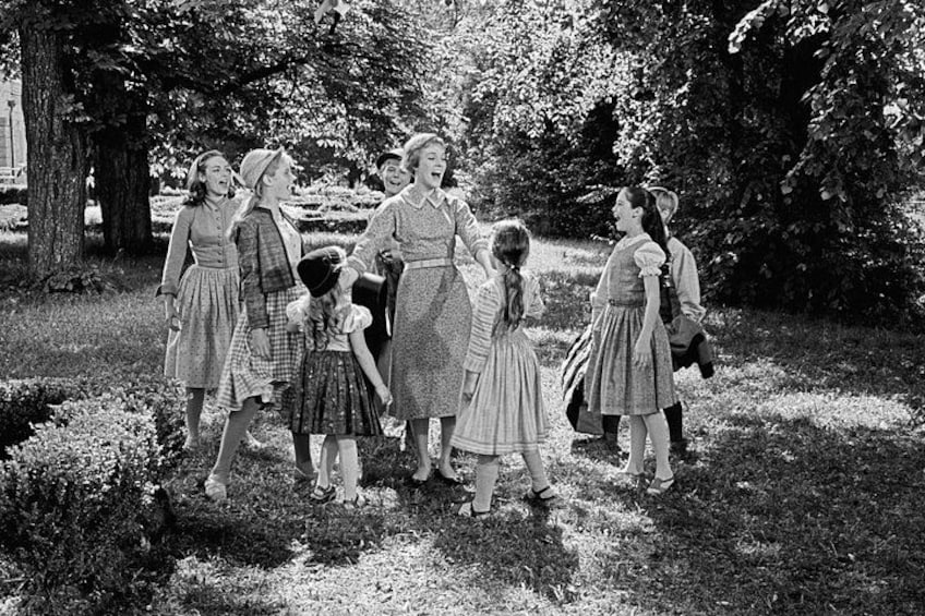 A group of people in a park with trees and grass. 3