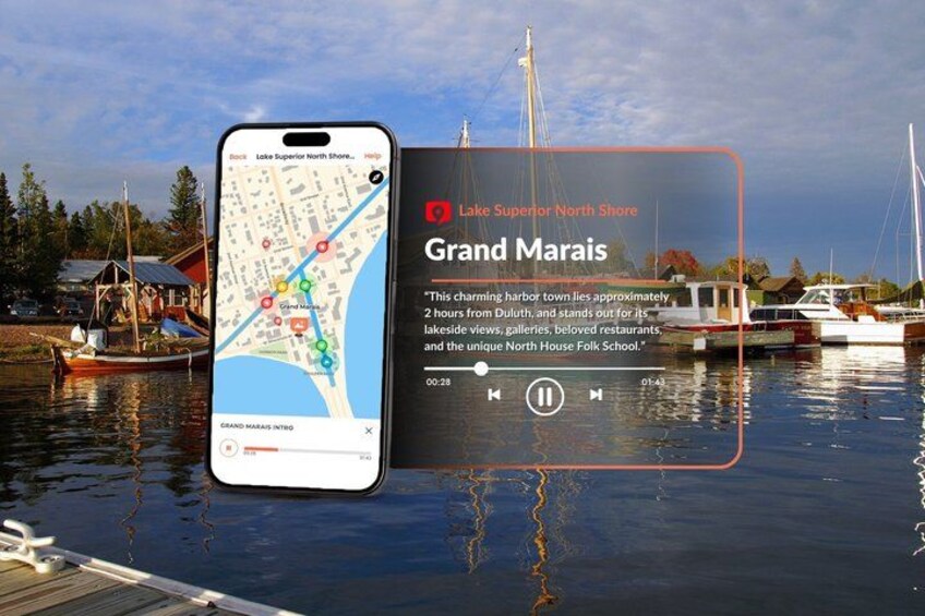A smartphone displaying a map with a location marker, a boat, and a waterfront scene with buildings and boats. 4