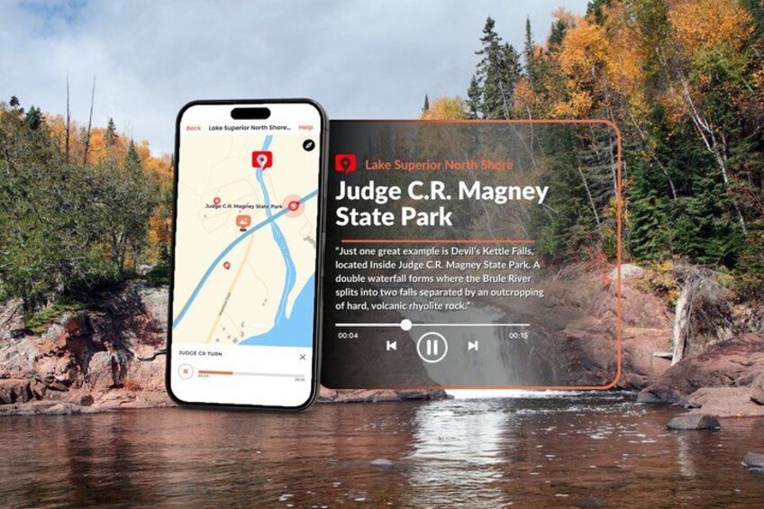 A smartphone displaying a map with a location marker, a smartphone screen with a video thumbnail, and a natural landscape with a river and trees. 3