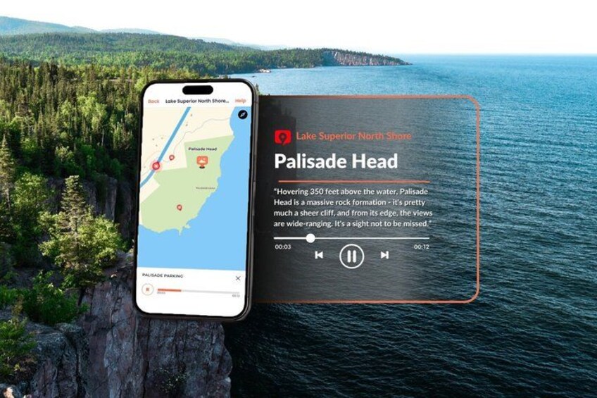 A smartphone displaying a map with a location marker, a description of Palisade Head, and a view of a coastal landscape with a cliff and lake. 5