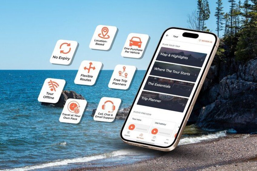 A smartphone displaying a travel planning app with features like location-based services, no expiry, flexible routes, and offline tour options. 2