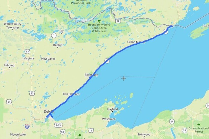 Een kaart van een kuststreek met plaatsen zoals Ely, Babbitt en Silver Bay. 2