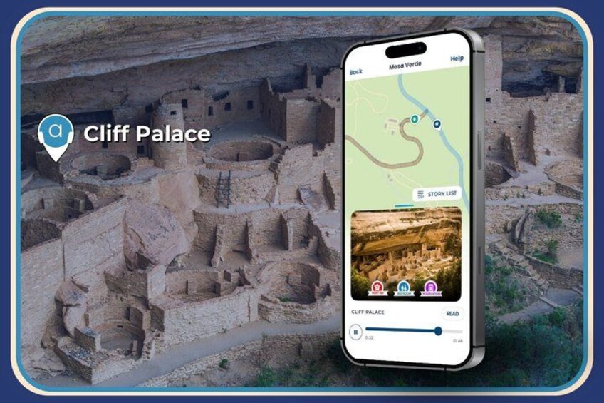A smartphone displaying a map with 'Cliff Palace' marked, and a photo of the cliff palace ruins. 2