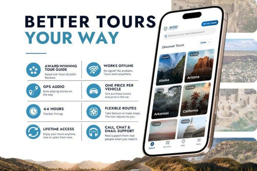 A smartphone displaying a travel app with tour options for Alaska, Arizona, Arkansas, and California. 5