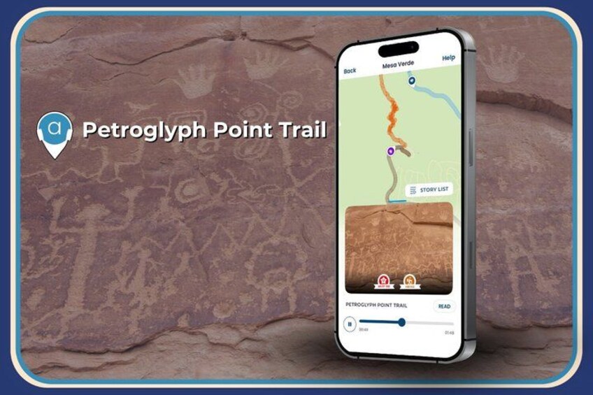 A smartphone displaying a map with the Petroglyph Point Trail. 3