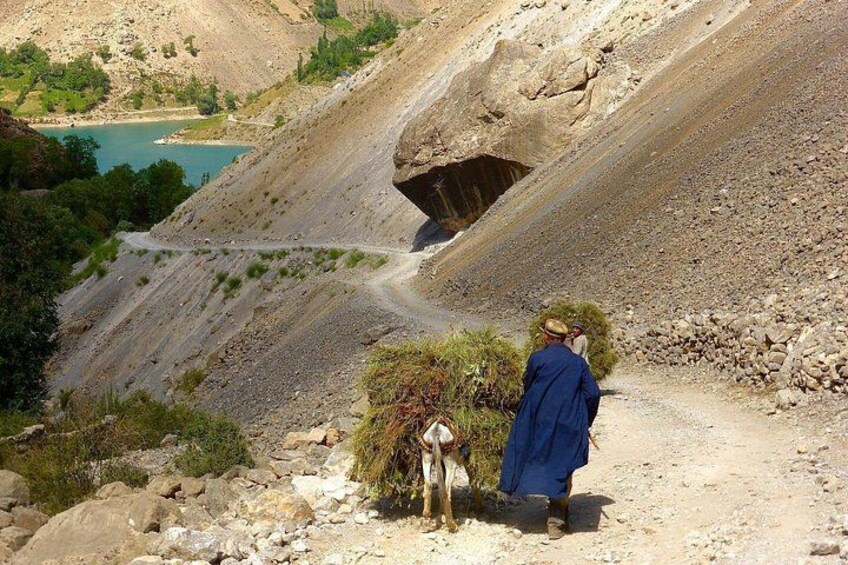 A person in a blue jacket walking on a rocky path with a small tree and a signpost. 3