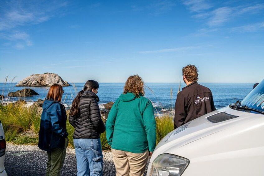 Four people standing by a coastal road, a rocky outcrop, and a white vehicle. 2