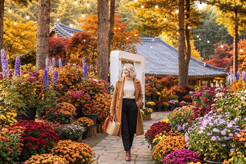 Une personne se promène dans un jardin où l’on peut admirer de nombreuses fleurs aux couleurs vives et des bâtiments d’architecture traditionnelle. 2