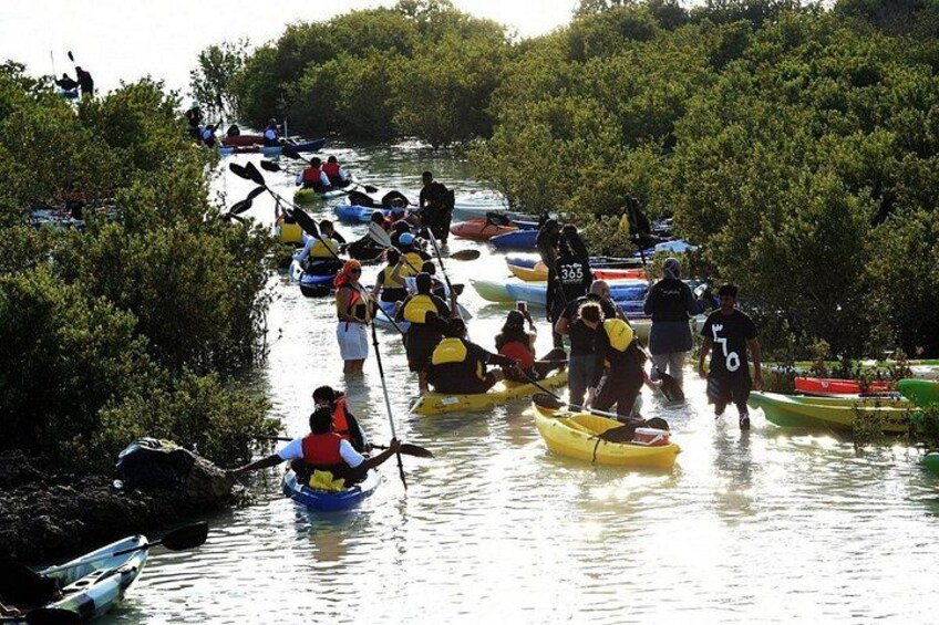 Eine Gruppe von Menschen in Kanus auf einem Fluss, umgeben von dichtem Grün. 3