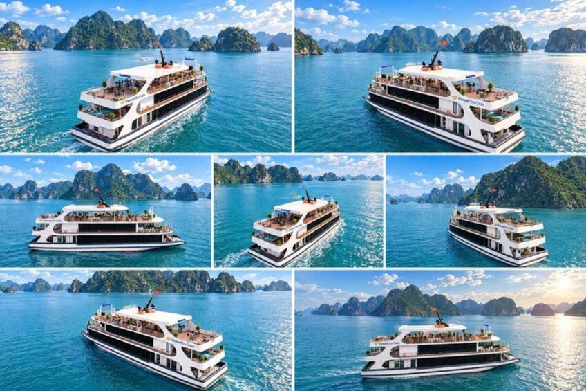 A multi-deck boat on a calm sea with mountainous islands in the background. 4
