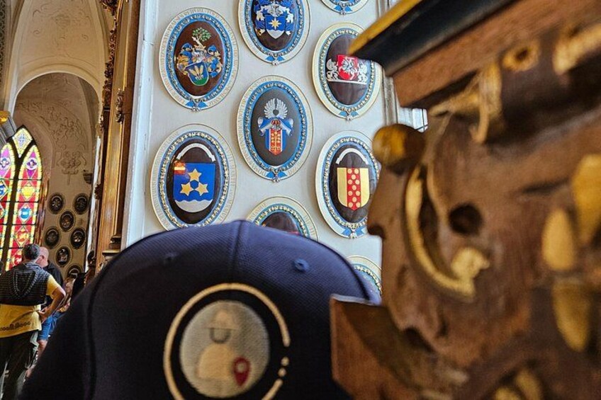 A close-up of a wall with multiple coats of arms. 3