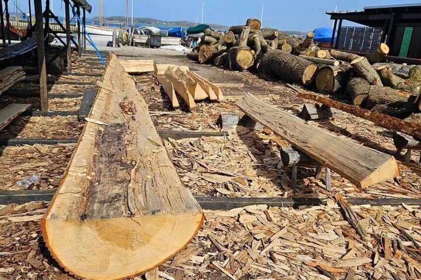 Un aserradero con pilas de troncos y tablones de madera. 4