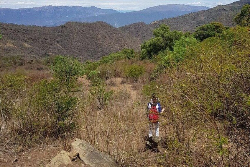 A hiker on a trail surrounded by dry vegetation and hills. 4