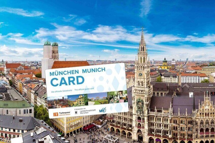 A cityscape with a prominent clock tower and a large billboard advertising a Munich card. 1