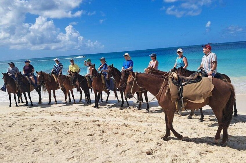 Un groupe de personnes à cheval sur une plage, avec l’océan en arrière-plan. 4