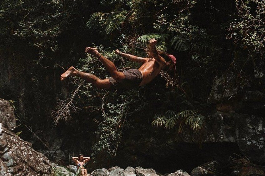 A person jumping from a cliff into a forested area. 3