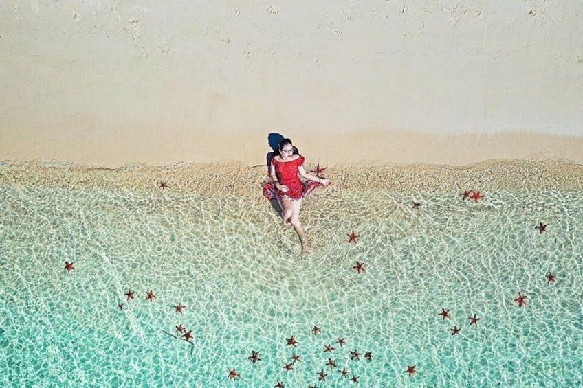 A person in a red dress standing on a beach with clear water and starfish scattered around. 1