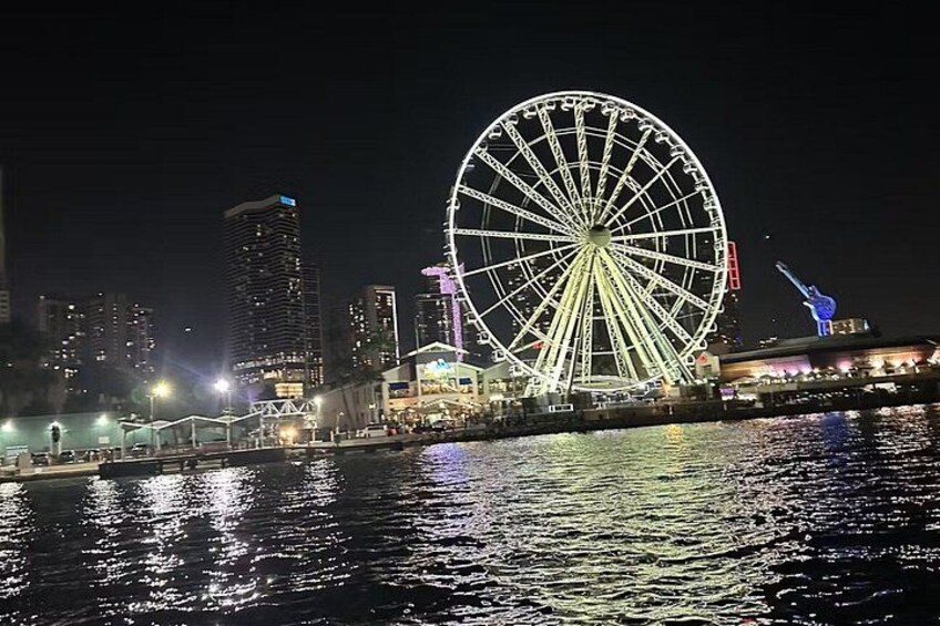 A large Ferris wheel, a waterfront, and illuminated buildings at night. 2