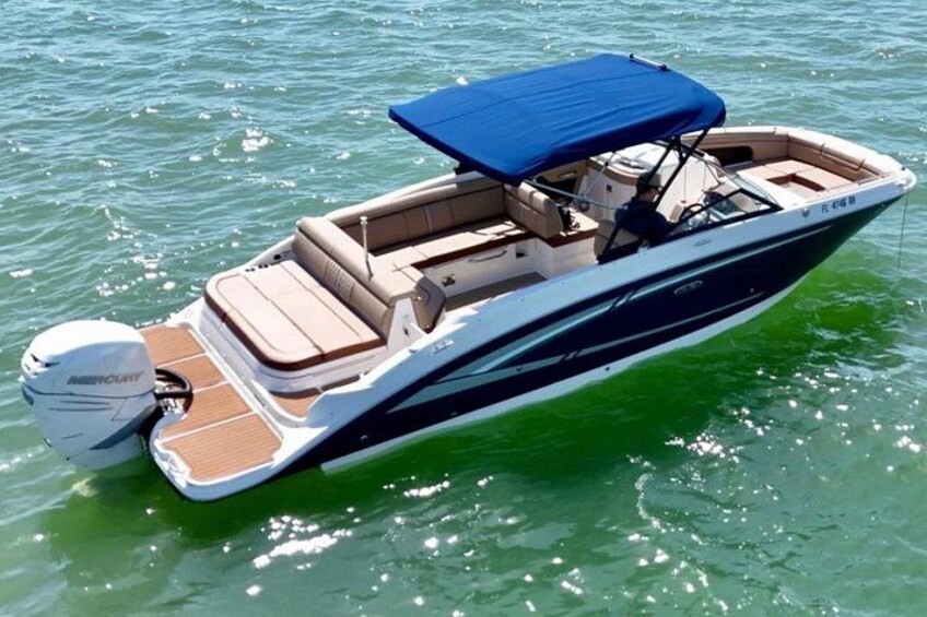 A motorboat with a blue canopy, beige seating, and a white and blue color scheme. 5