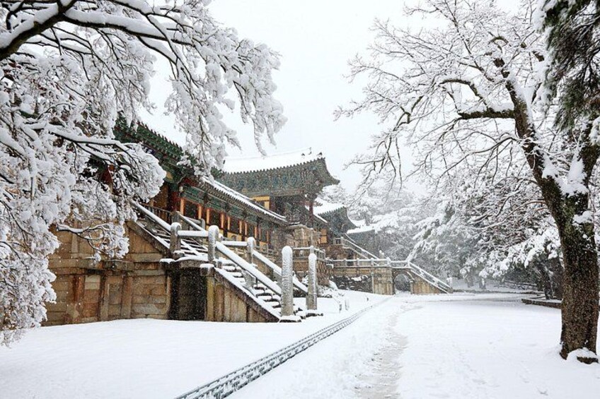 A snow-covered traditional building with a wooden staircase leading up to a gate. 1