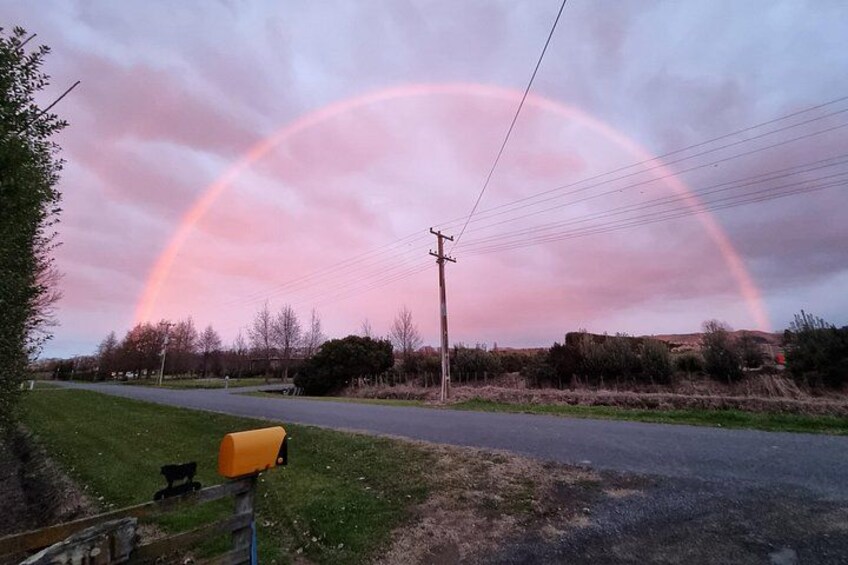 Eine Straße mit Regenbogen, Briefkasten und Strommasten. 2
