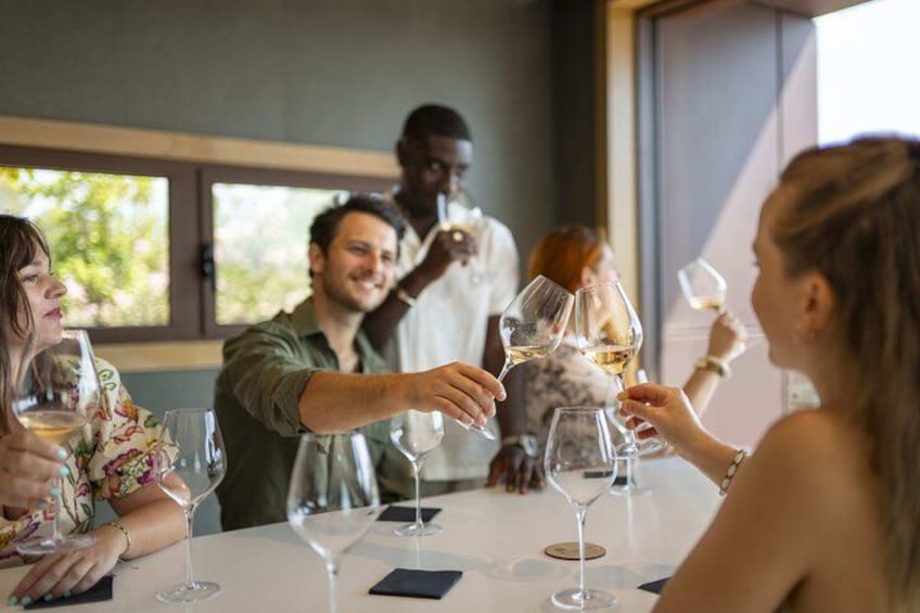 A group of people toasting with wine glasses at a table in a well-lit indoor setting. 3