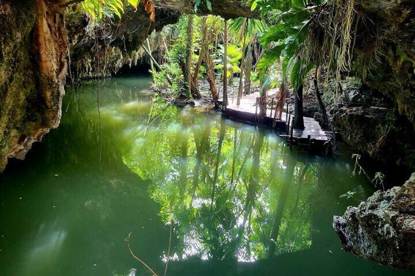 A serene cave pool with clear water, surrounded by lush greenery and a wooden dock. 1